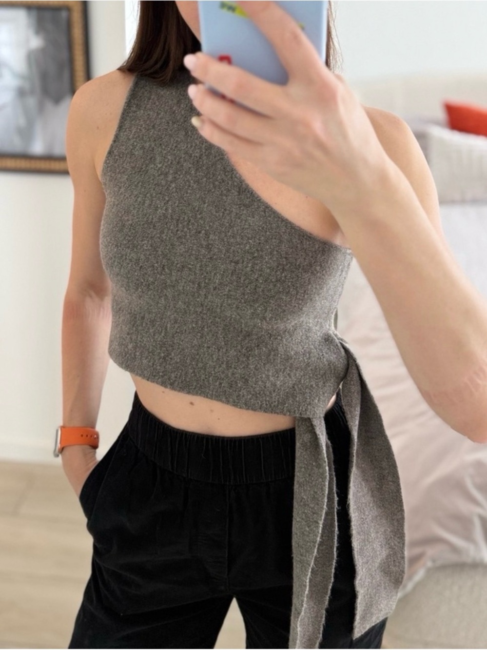 Zara One-Shoulder Gray Knit Tie-Side Crop Top - Picture 10 of 11